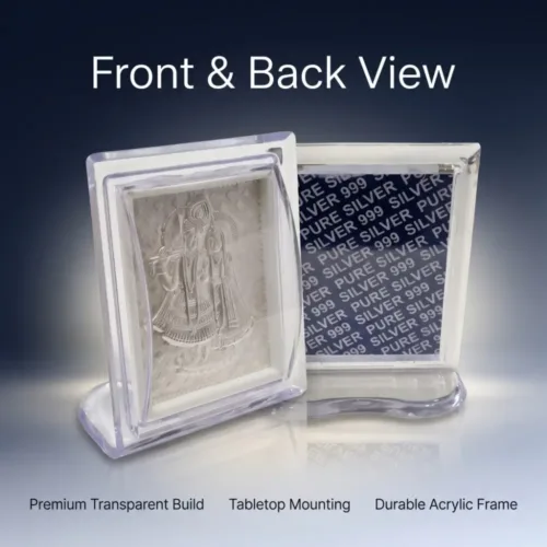 Front and back view of the tabletop silver radha krishna frame, highlighting the durable acrylic build and authenticity.