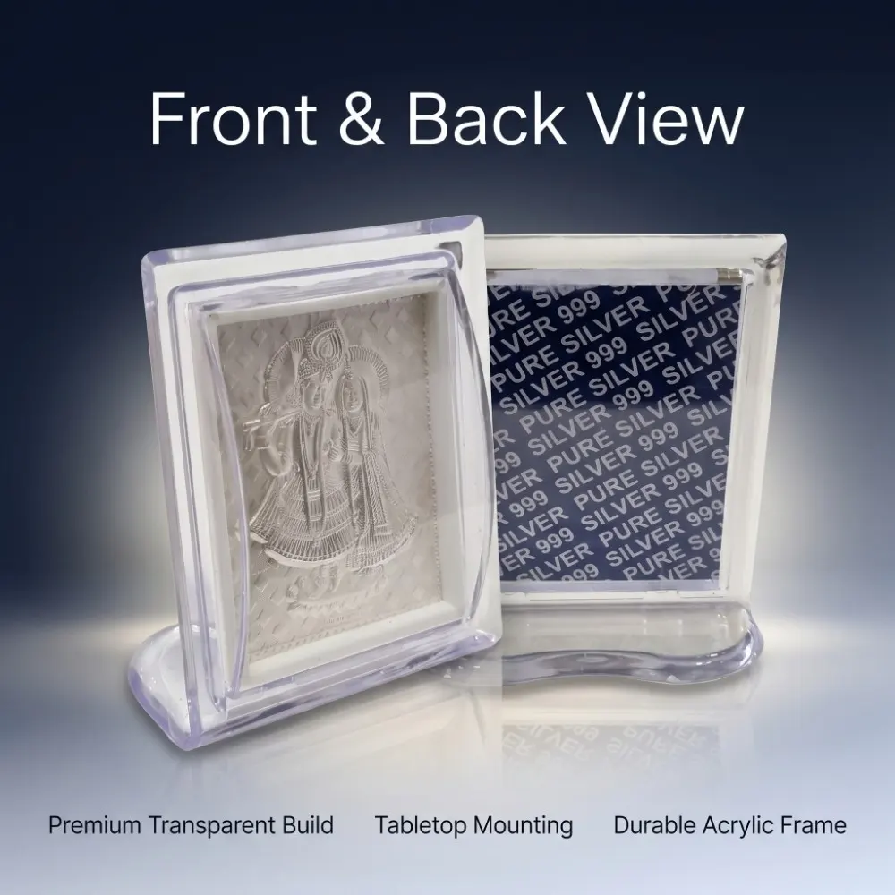 Acrylic Silver Radha Krishna Frame Front and back view of the tabletop silver radha krishna frame, highlighting the durable acrylic build and authenticity.