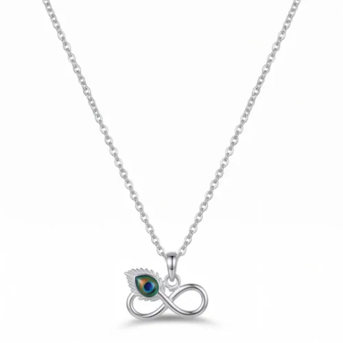 Front view of the silver peacock feather pendant with an enamel infinity design attached to a sleek silver chain.