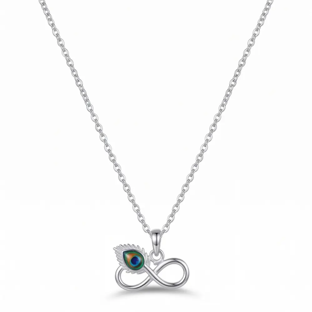 Silver Peacock Feather Pendant Front view of the silver peacock feather pendant with an enamel infinity design attached to a sleek silver chain.