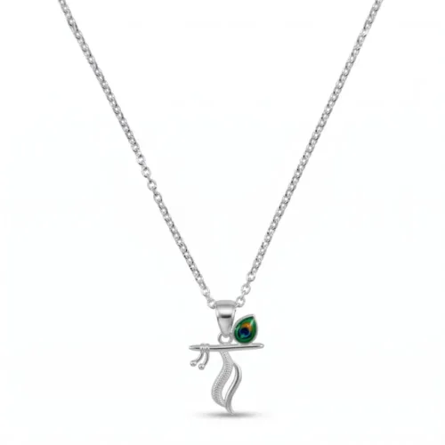 Silver Krishna pendant with chain, flute and enamel peacock feather, front view