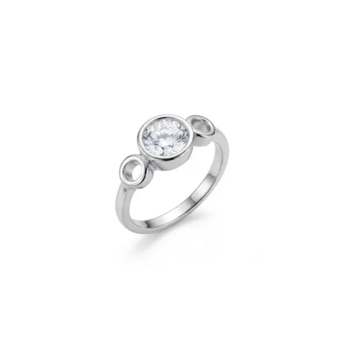 Crisp angled view of the american diamond solitaire ring silver, clearly displaying the sleek, snag-free bezel setting architecture.