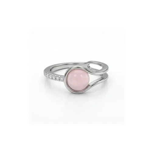 Front studio view of the elegant pink mother of pearl silver ring on a clean white background, showcasing the unique asymmetric wrap design and sparkling American diamond accents.