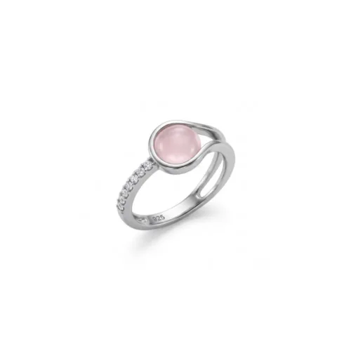Crisp angled view of the pink mop american diamond ring, clearly displaying the 925 sterling silver hallmark and the delicate pavé setting on one side of the bypass band.