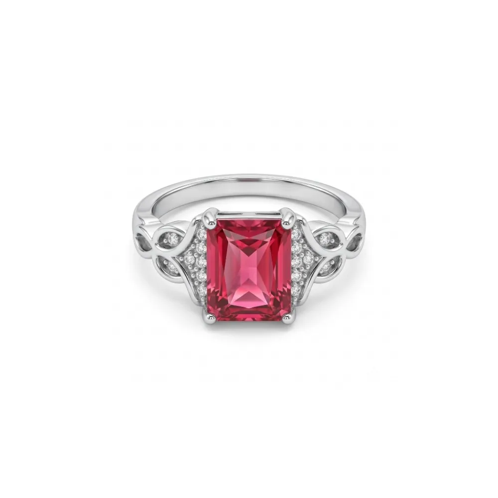 Emerald Cut Red Stone Silver Ring Front studio view of the emerald cut red stone silver ring on a clean white background, highlighting the bold rectangular shape and intricate side details.
