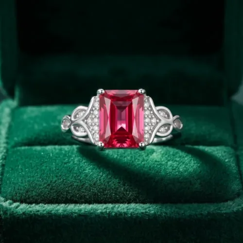 The premium rectangle red stone ring silver beautifully displayed inside a luxurious green velvet box, showcasing its vibrant ruby-red center gem.