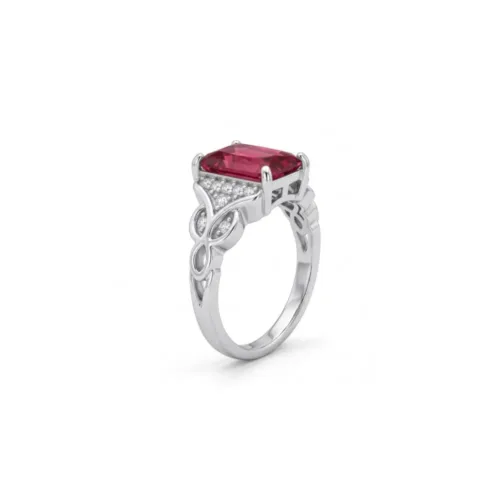 Crisp angled view of the ruby red american diamond ring, clearly displaying the antique-inspired vintage filigree band and sparkling CZ accents.
