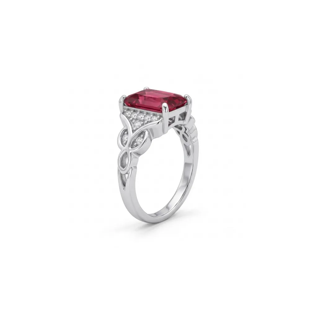 Ruby Red American Diamond Ring Crisp angled view of the ruby red american diamond ring, clearly displaying the antique-inspired vintage filigree band and sparkling CZ accents.