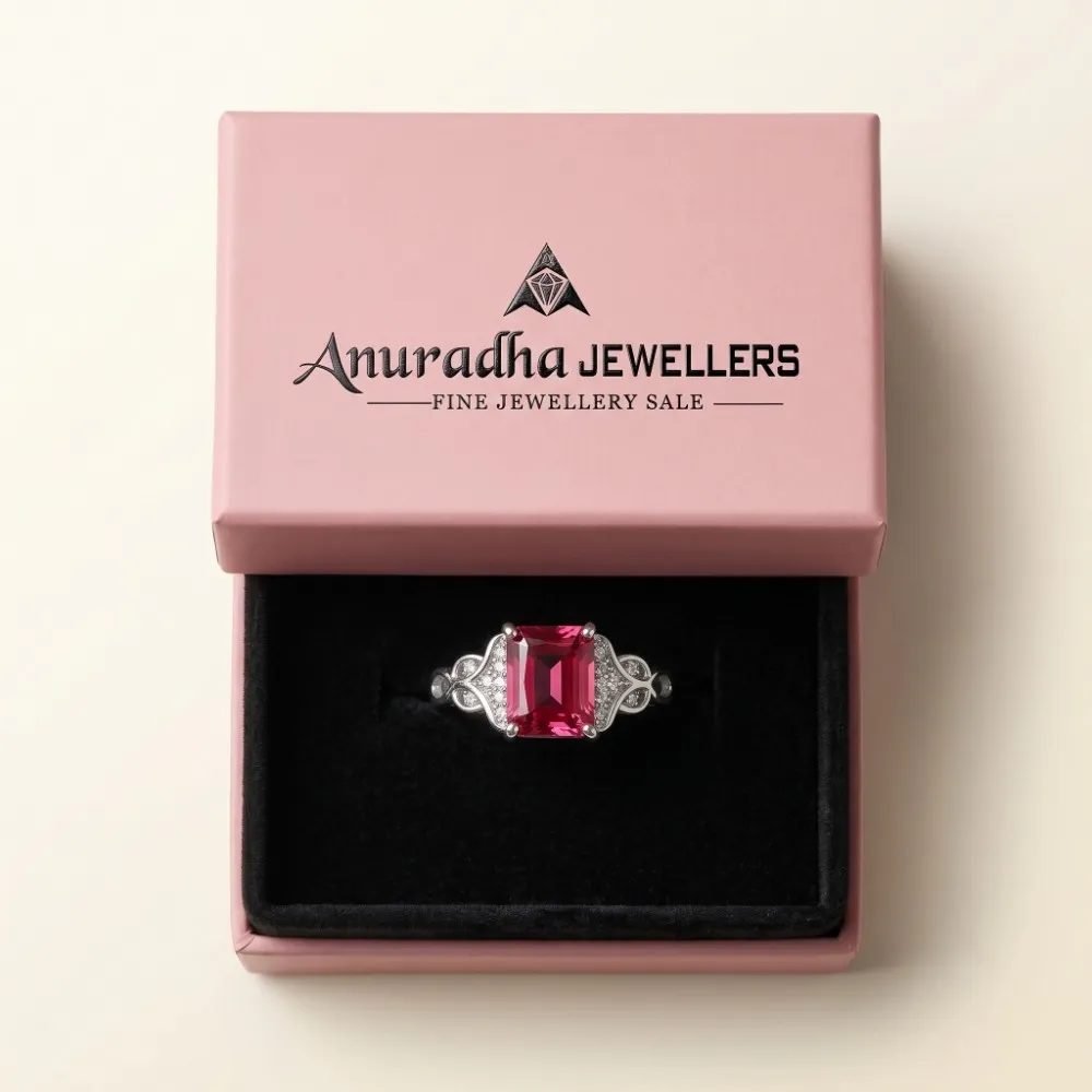 Red Stone Silver Ring Gift Box The elegant emerald cut red stone silver ring perfectly presented inside the signature pink Anuradha Jewellers gift box on a soft black cushion, ready for luxury gifting.