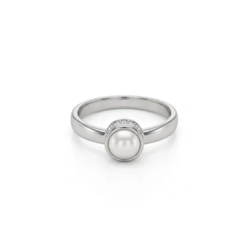 Front studio view of the elegant silver pearl solitaire ring on a clean white background, highlighting the lustrous center pearl and delicate hidden halo design.