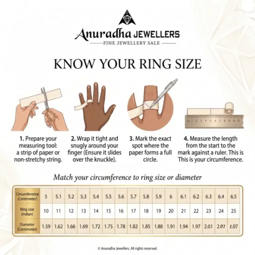 Anuradha Jewellers step-by-step ring size measurement guide showing how to measure finger circumference at home, including a complete Indian ring size conversion chart for women.