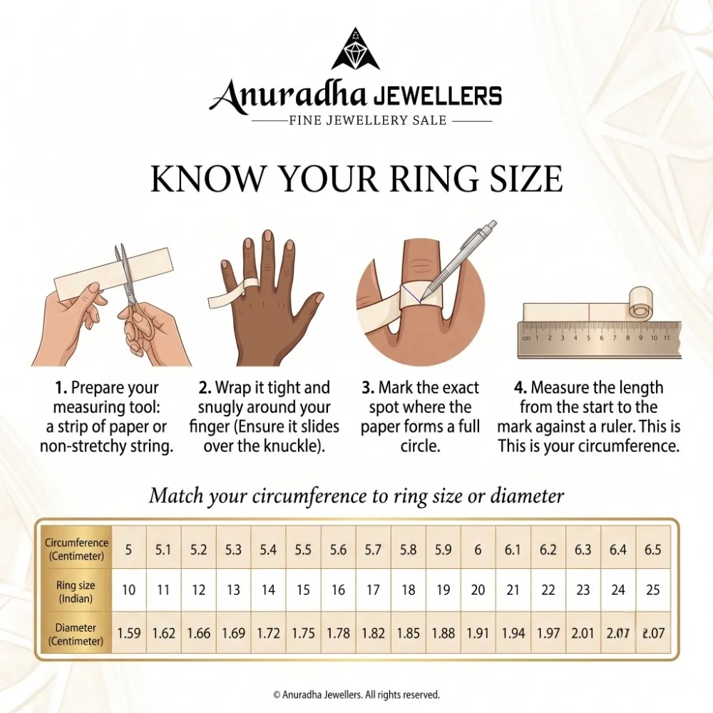 Indian Ring Size Measurement Guide Anuradha Jewellers step-by-step ring size measurement guide showing how to measure finger circumference at home, including a complete Indian ring size conversion chart for women.