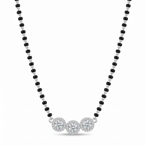 Front studio view of the premium daily wear silver mangalsutra on a clean white background, clearly showcasing the sparkling three stone pendant and traditional black beads.