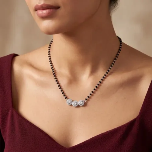 Elegant model wearing the three stone mangalsutra silver, demonstrating the perfect neckline fit and everyday comfort of this lightweight piece.