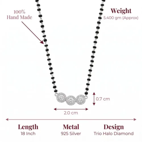 Detailed specification image of the daily wear silver mangalsutra, displaying exact details including 925 silver metal, 18-inch length, and the handmade trio halo diamond design.