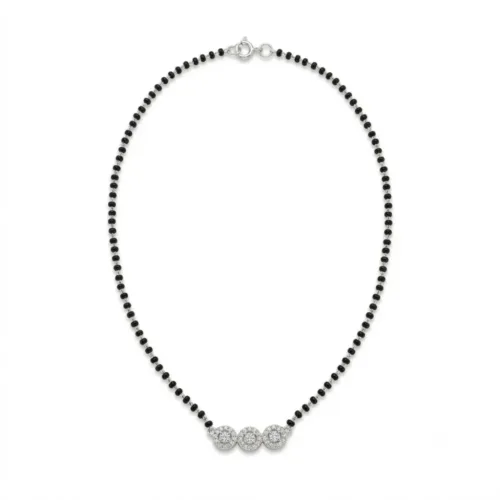 Full round layout of the black beads mangalsutra silver on a white background, displaying the perfect balance of the silver chain, black beads, and the center piece.