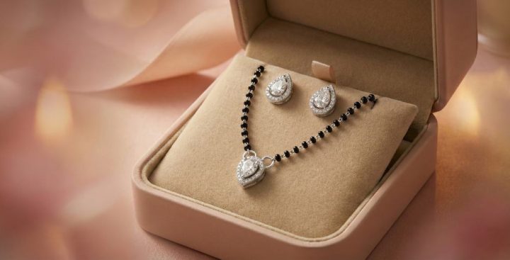 Silver tear drop mangalsutra with matching earrings in 925 silver, elegant silver mangalsutra Valentine’s gift idea