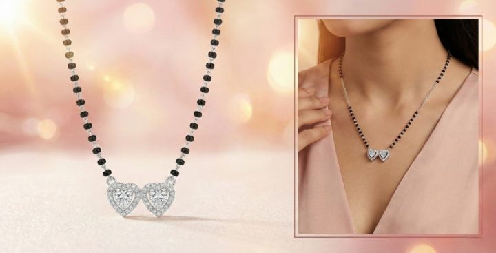 Silver twin heart mangalsutra design in 925 silver featuring heart-inspired pendant, romantic Silver mangalsutra Valentines gift ideas